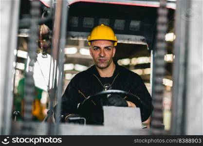 Caucasian factory worker forklift driver in cargo logistic shipping industry.