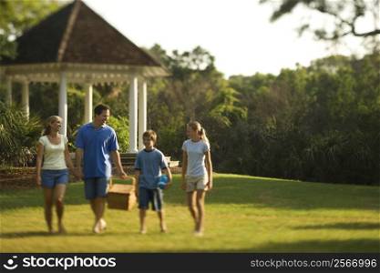 Caucasian family of four carrying picnic basket walking through park.