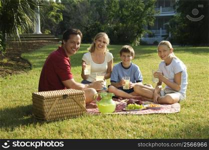 Caucasian family of four having picnic in park.