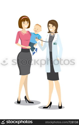 Caucasian female doctor listening to chest of kid patient with stethoscope. Mother holds son in her arms, cartoon vector illustration. Caucasian female doctor listening to chest of kid patient with s