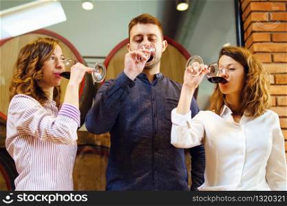 Caucasian friends two sisters or girlfriends and boyfriend with friend standing by the table at the restaurant or winery holding glasses of red wine drinking celebrating wearing shirts front view