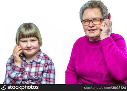 Caucasian grandmother and grandchild phoning with mobile telephone isolated on white background