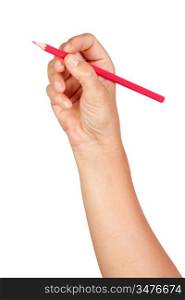 Caucasian hand with red pencil isolated on white background