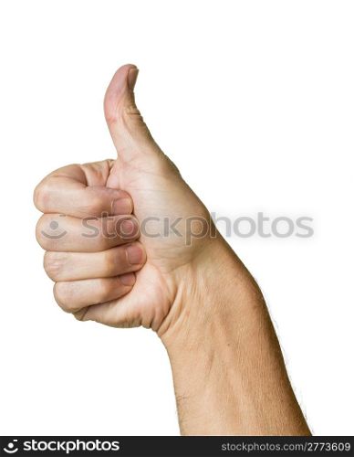 Caucasian hands in thumbs up gesture of senior middle aged male isolated against white