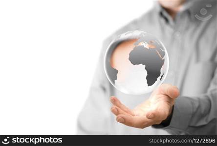 Caucasian man holding a glass planet, copy space on the left side of the image. Global business background concept over white.. Global Background