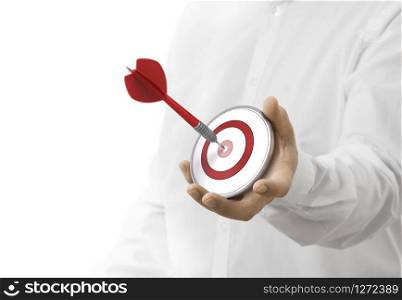 caucasian man holding a modern target with a dart in the center. image over white background. Concept of objective attainment.. Objective Achieved
