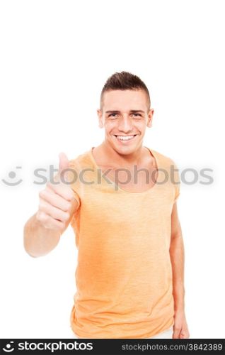 Caucasian man is making a positive thumb gesture over white isolated background