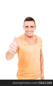 Caucasian man is making a positive thumb gesture over white isolated background