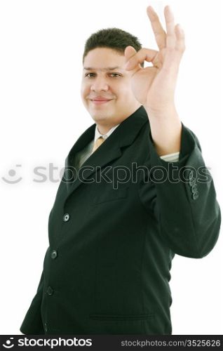 caucasian man ok hand sign gesture studio portrait on isolated white background