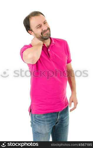 caucasian man portrait backache pain portrait on studio isolated white background