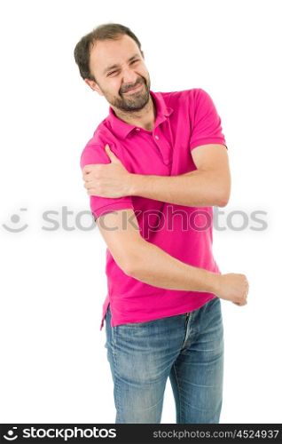 caucasian man portrait with arm pain on studio isolated white background