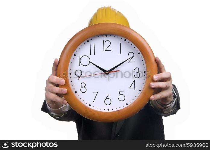 Caucasian man wearing suit holding clock in the head