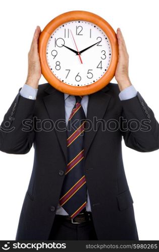 Caucasian man wearing suit holding clock in the head
