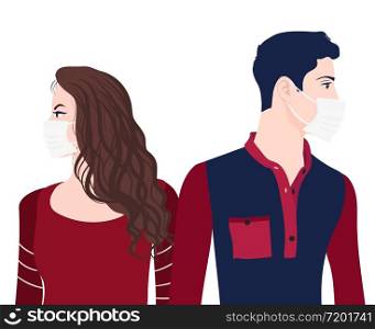 Caucasian man woman couple with medical mask. Separation or divorce between couples with problems of cohabitation due to the lockdown due to the coronavirus epidemic Covid-19