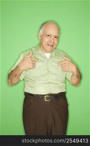 Caucasian mature adult male pointing to himself.