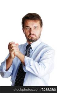 Caucasian mature businessman makes a victory sign and looking to the camera, isolated over white background