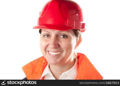 Caucasian mature woman in a red helmet and workwear, isolated on a white background.