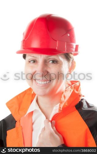 Caucasian mature woman in a red helmet and workwear, isolated on a white background.