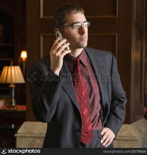 Caucasian mid adult buisinessman on cell phone.
