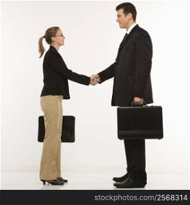 Caucasian mid-adult businessman and woman shaking hands and holding briefcases.