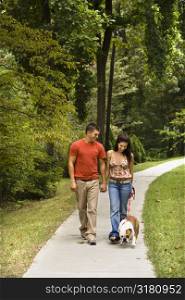 Caucasian mid adult couple walking English Bulldog in park.