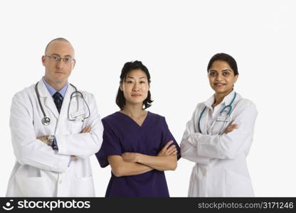 Caucasian mid adult male physician with Asian and Indian women doctors.