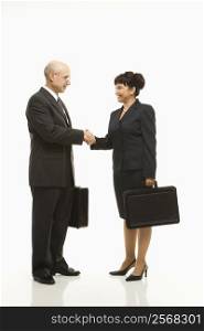 Caucasian middle-aged businessman and Filipino businesswoman standing looking at eachother shaking hands against white background.