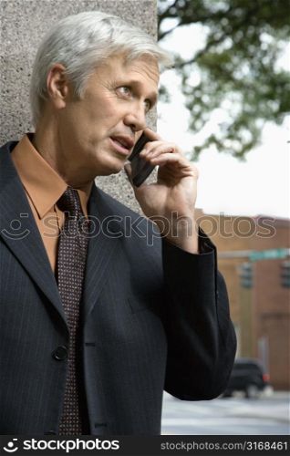 Caucasian middle aged businessman talking on cell phone.