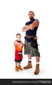 Caucasian middle aged father and cute young son ready to do a construction job. Man and boy wearing tool belt with hammer, shorts and boots, standing with arms crossed. Isolated.