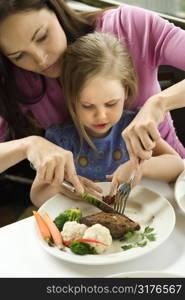 Caucasian mother helping cut meat for her daughter.