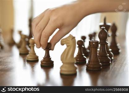 Caucasian person hand moving chess piece.