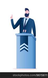 Caucasian Politician speaking. Male giving speech from tribune with microphones. Handsome character isolated on white background. Vector trendy style illustration