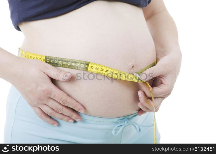 caucasian pregnant woman belly isolated on white background
