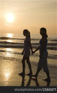 Caucasian prime adult female and female child walking on beach at sunset holding hands.