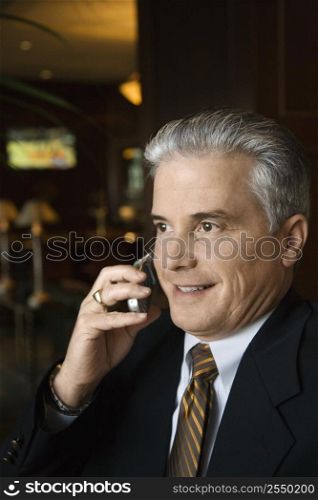 Caucasian prime adult male businessman talking on cellphone in hotel lobby.
