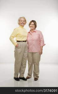 Caucasian senior woman and middle aged woman standing together.