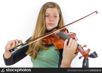 caucasian teenage girl with long blonde hair playing violin isolated on white background