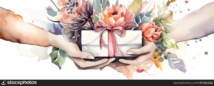 Caucasian woman hands holding gift and flowers bouquet. Happy Mother’s day, Women’s day, Valentine’s Day greeting card. Watercolor illustration. Romantic relationship love concept AI Generated content