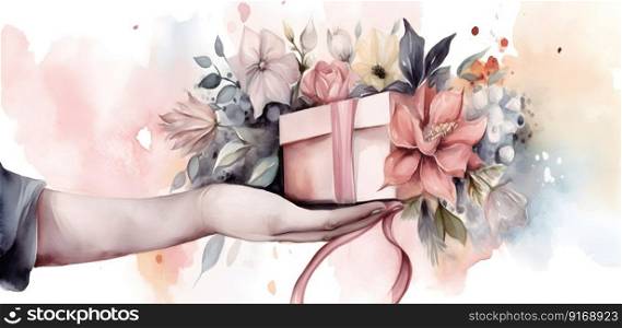 Caucasian woman hands holding gift and flowers bouquet. Happy Mothers day, Women day, Valentines Day greeting card. Watercolor illustration. Romantic relationship love concept AI Generated content