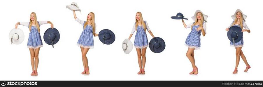 Caucasian woman in plaid blue dress and hat isolated on white