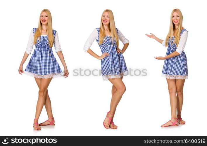 Caucasian woman in plaid blue dress isolated on white