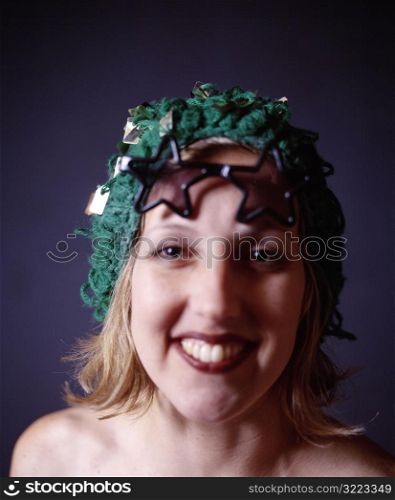 Caucasian Woman Wearing Star Sunglasses And A Goofy Hat And Laughing
