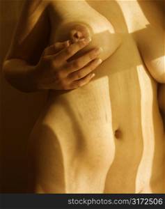 Caucasian young adult nude woman holding breast with hand.