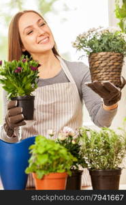 Caucasian young woman doing some gardening at home with her colorful plants