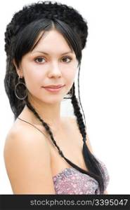 caucasian young woman with fancy hairdo of braids