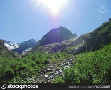 Caucasus waterfall. Dombay. Sufrudju. North Caucas travel