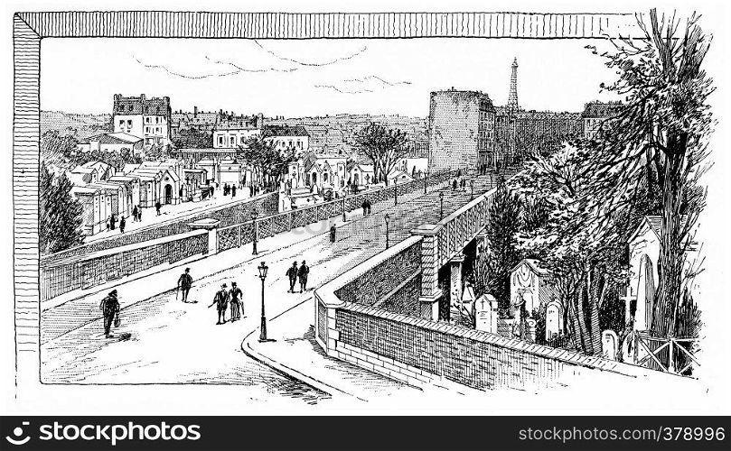 Caulaincourt the bridge over the Montmartre cemetery, vintage engraved illustration. Paris - Auguste VITU ? 1890.