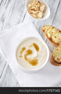 Cauliflower soup with brown butter and cheesy toasts