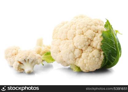 cauliflower with green leaves isolated on white