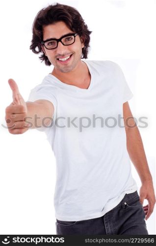 Causal man giving thumsup in white background